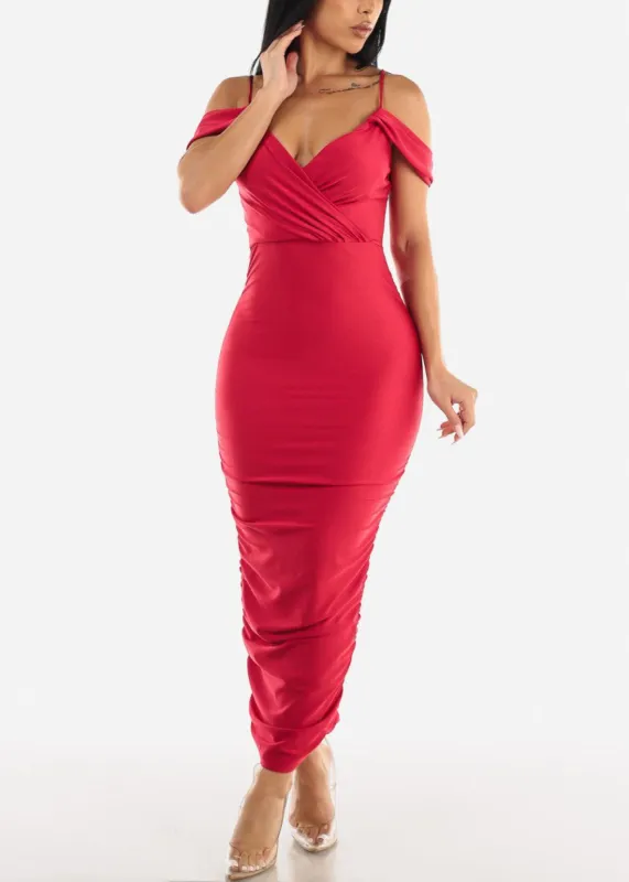 Red Surplice Ruched Bodycon Midi Dress w Draped Shoulders sold by Moda