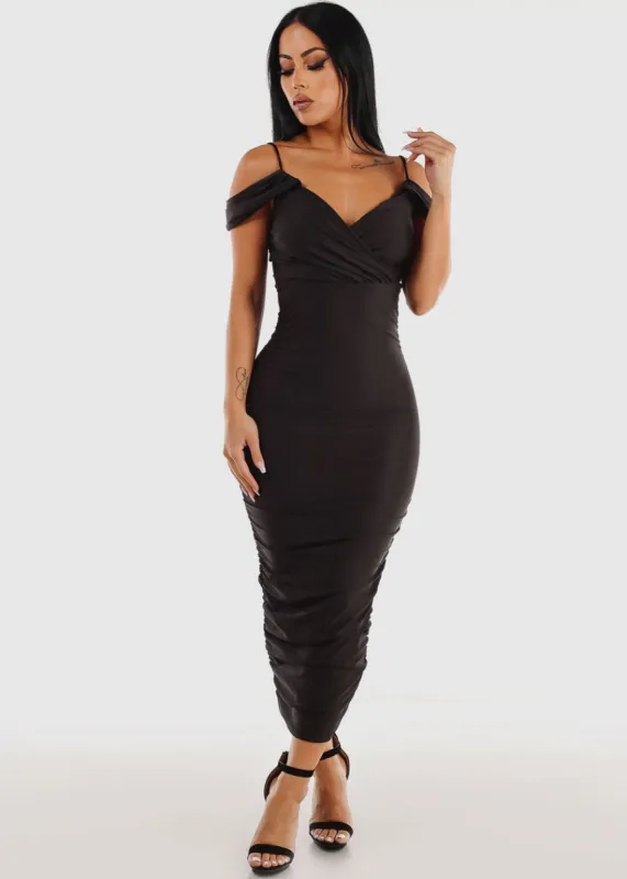 Black Surplice Ruched Bodycon Midi Dress w Draped Shoulders sold by Moda