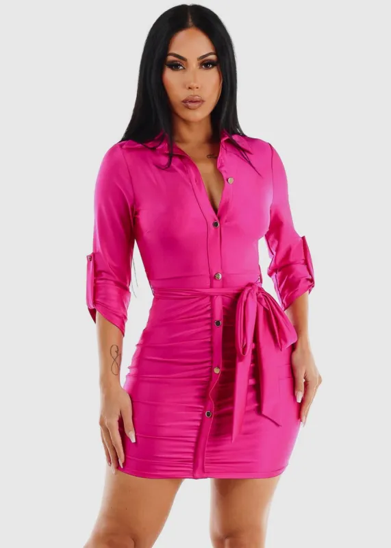 Quarter Sleeve Ruched Satin Mini Shirtdress Fuchsia sold by Moda