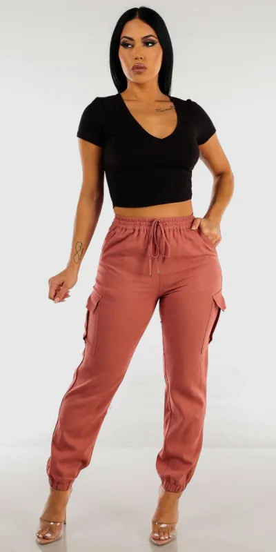 Terra High Rise Linen Cargo Pants with Vneck Short Sleeve Black Crop Top sold by Moda