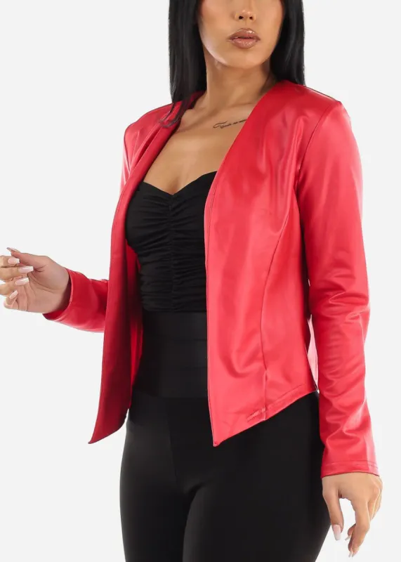 Red Faux Leather Long Sleeve Open Blazer sold by Moda