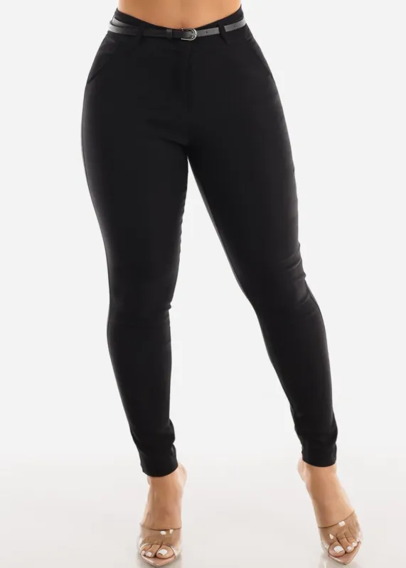 Black High Waisted Belted Dressy Skinny Pants sold by Moda