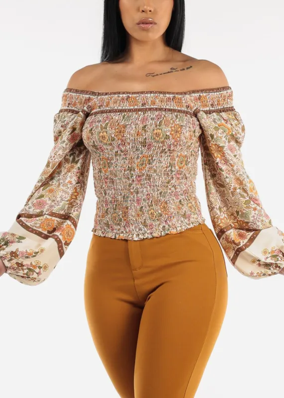 Off Shoulder Long Sleeve Floral Smocked Top Orange sold by Moda