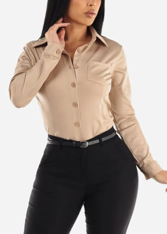 Long Sleeve Faux Leather Button Up Collared Blouse Taupe sold by Moda
