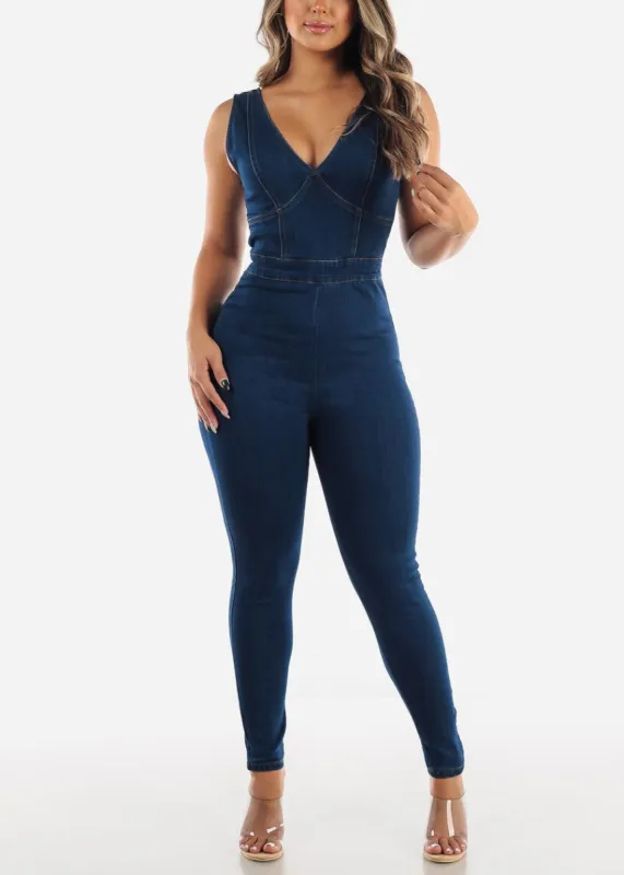 Sleeveless Denim Jumpsuit Dark Wash V Neck sold by Moda