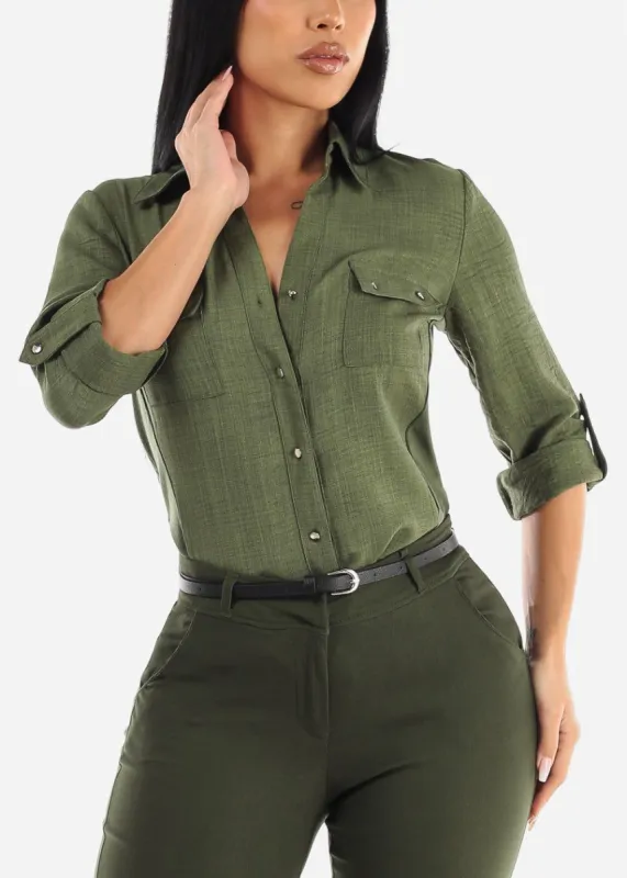Button Up Shirt Olive Quarter Sleeve sold by Moda