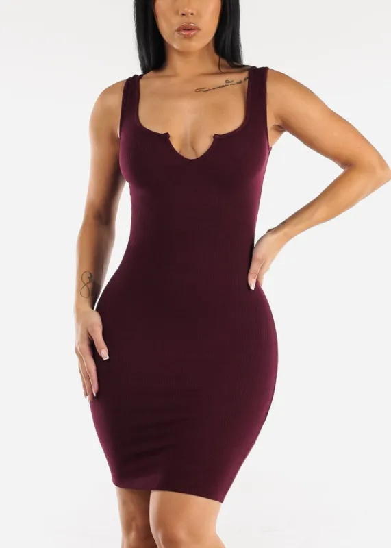 Sleeveless Notched Bodycon Tank Dress Burgundy sold by Moda