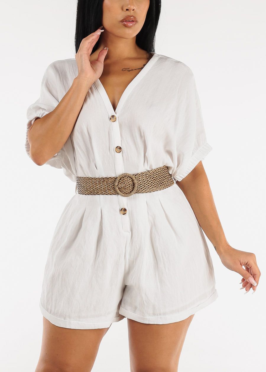 Vneck Button Up Romper Off White w Belt sold by Moda