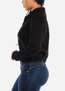 Black Suede Zip Up Long Sleeve Collared Jacket sold by Moda