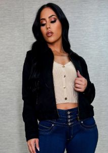 Black Suede Zip Up Long Sleeve Collared Jacket sold by Moda