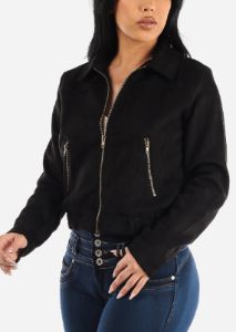 Black Suede Zip Up Long Sleeve Collared Jacket sold by Moda