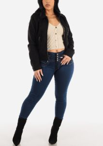 Black Suede Zip Up Long Sleeve Collared Jacket sold by Moda