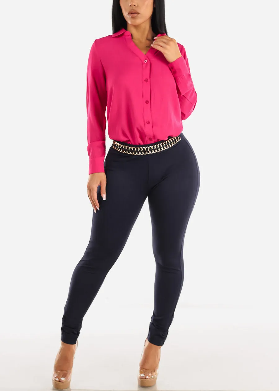 Mid Rise Pull On Navy Skinny Pants w Chain Detail sold by Moda product image thumbnail 2