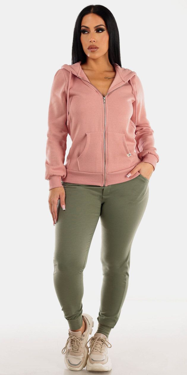 High Smocked Waist Olive Jogger Pants with Pink Long Sleeve Fleece Hoodie sold by Moda
