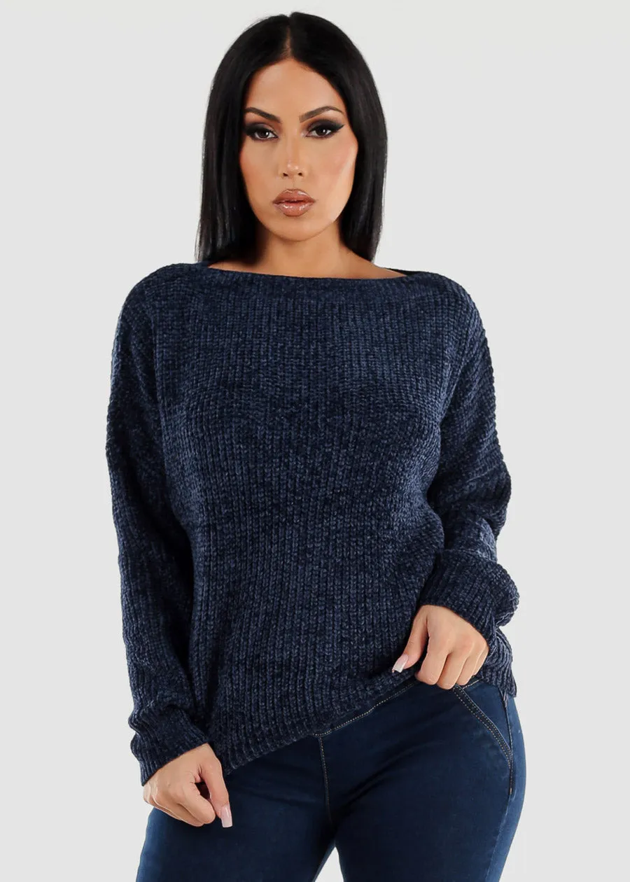 Long Sleeve Soft Knit Boat Neckline Sweater Navy sold by Moda