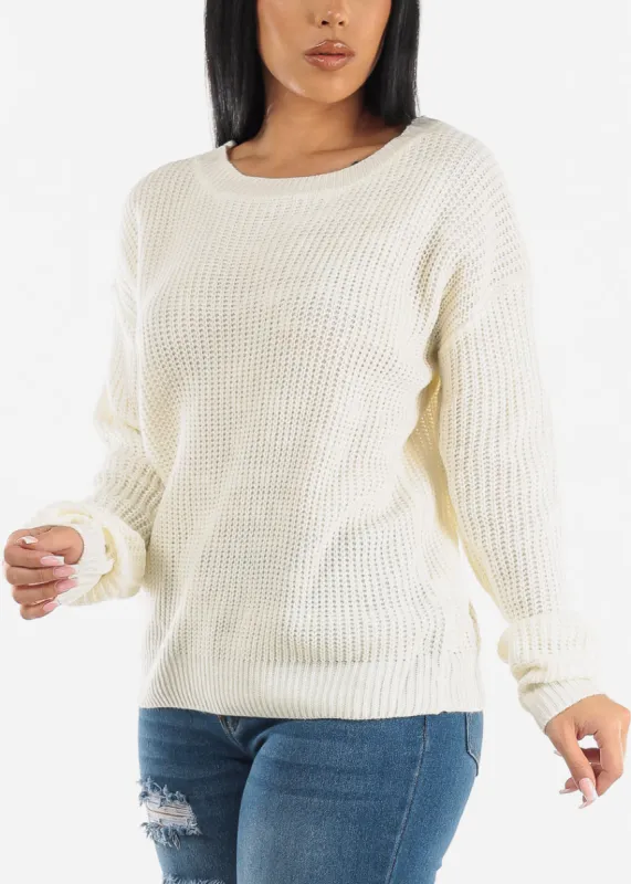 Back Lace Up Knit Long Sleeve Sweater Off White sold by Moda