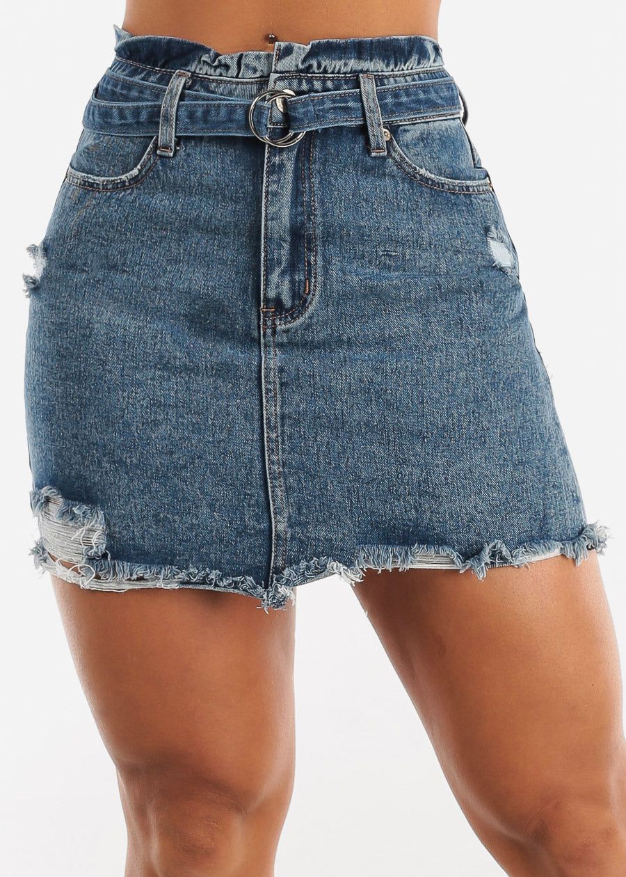 Distressed Paperbag Denim Mini Skirt w Belt sold by Moda
