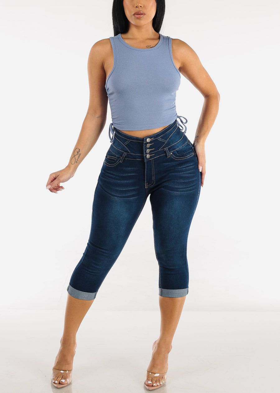 Sleeveless Ribbed Blue Crop Top w Ruched Drawstring Sides sold by Moda product image thumbnail 2