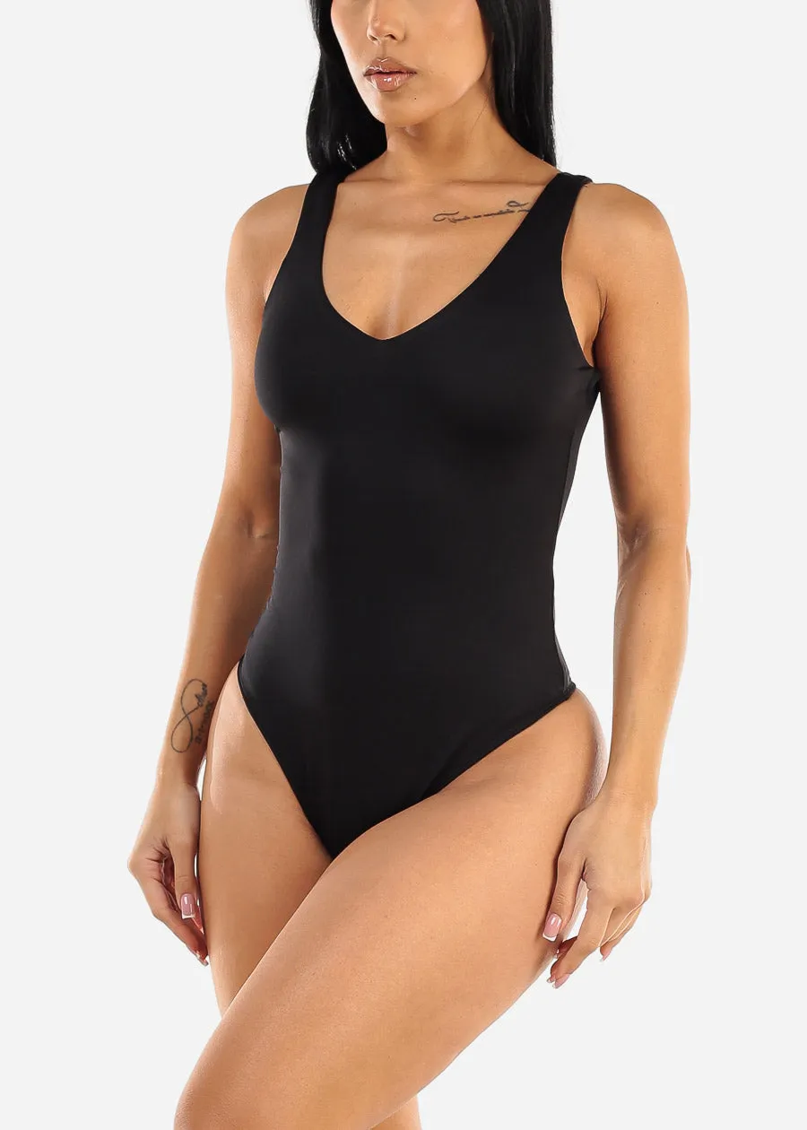 Seamless Black Vneck Sleeveless Thong Bodysuit sold by Moda