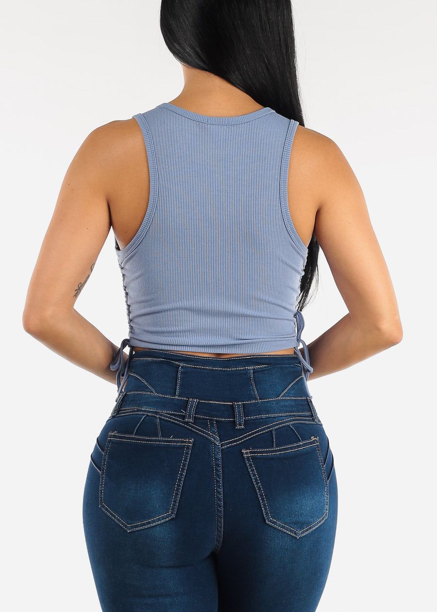 Sleeveless Ribbed Blue Crop Top w Ruched Drawstring Sides sold by Moda product image thumbnail 4