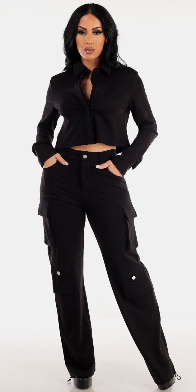 High Waist Black Wide Leg Cargo Pants with Long Sleeve Black Cropped Button Up Shirt sold by Moda