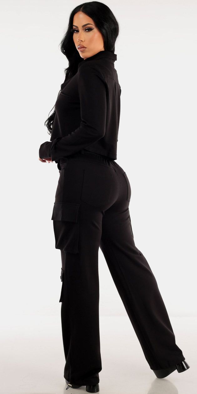 High Waist Black Wide Leg Cargo Pants with Long Sleeve Black Cropped Button Up Shirt sold by Moda product image thumbnail 2