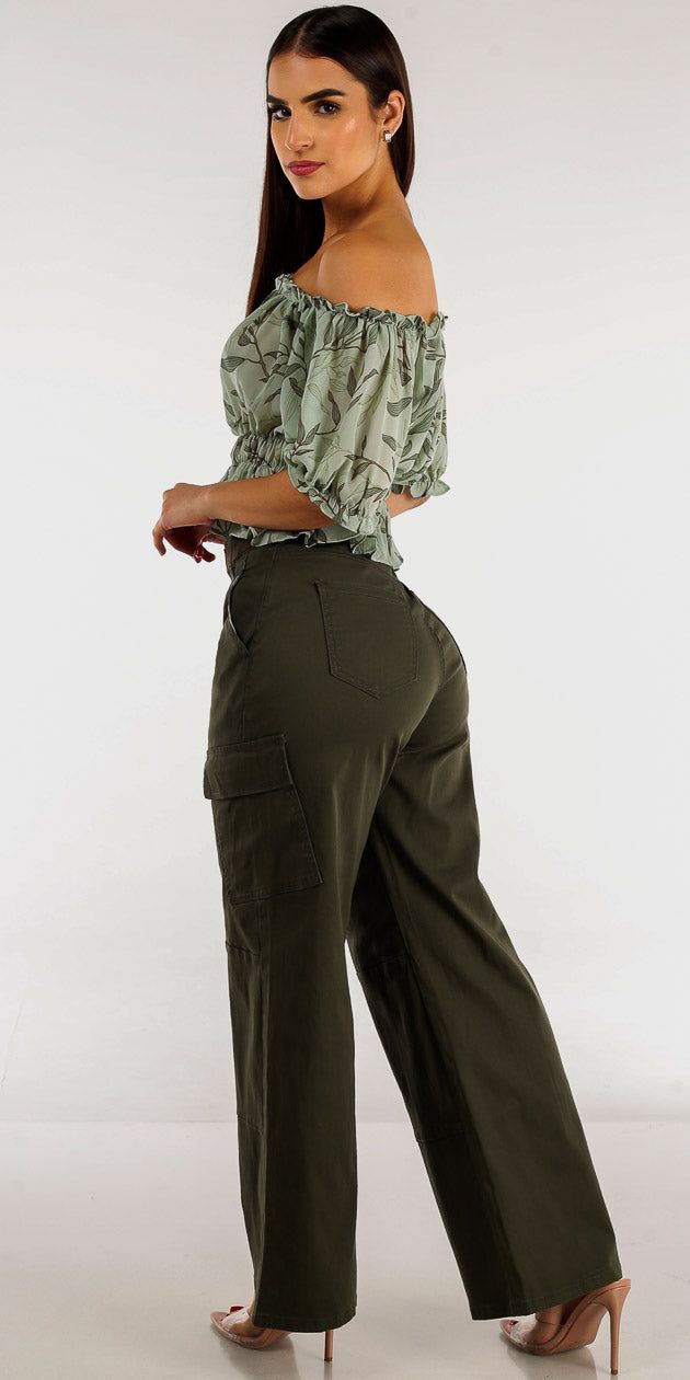 Belted Wide Leg Olive Cargo Pants with Floral Off Shoulder Mint Crop Top sold by Moda product image thumbnail 2