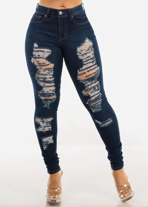 Distressed Mid Rise Stretchy Skinny Jeans Dark Blue sold by Moda