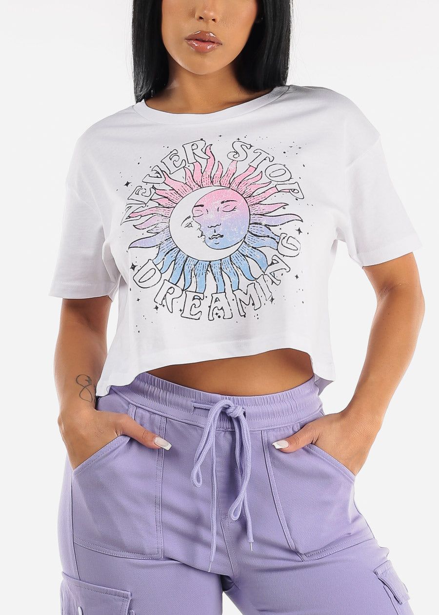 White Graphic Cropped Tee "Never Stop Dreaming" sold by Moda product image thumbnail 3