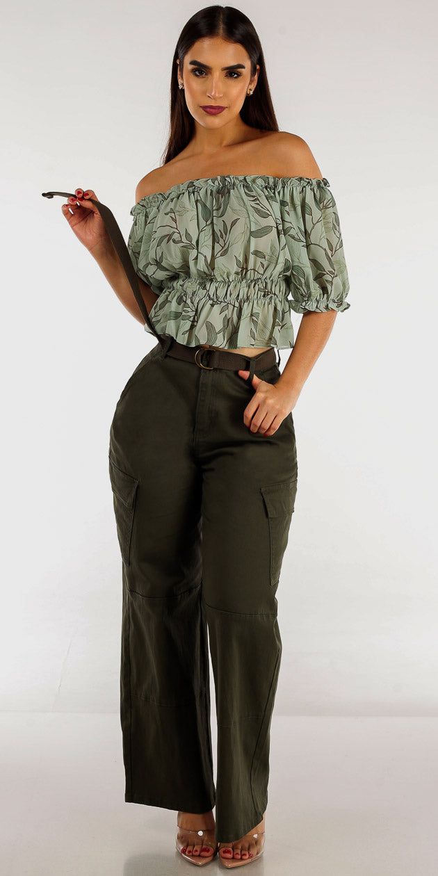 Belted Wide Leg Olive Cargo Pants with Floral Off Shoulder Mint Crop Top sold by Moda