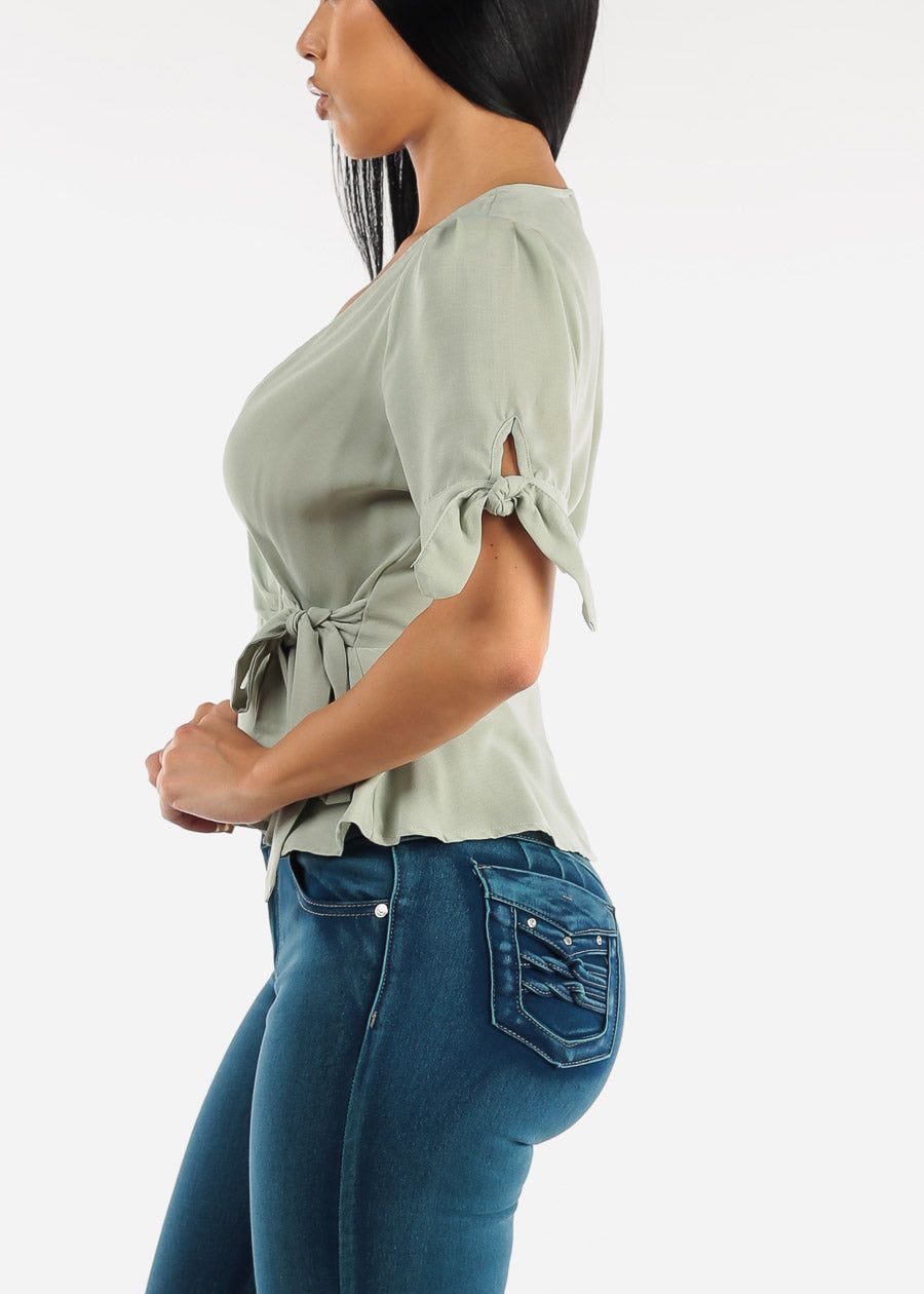 Short Sleeve Self Tie Peplum Blouse Sage sold by Moda product image thumbnail 5