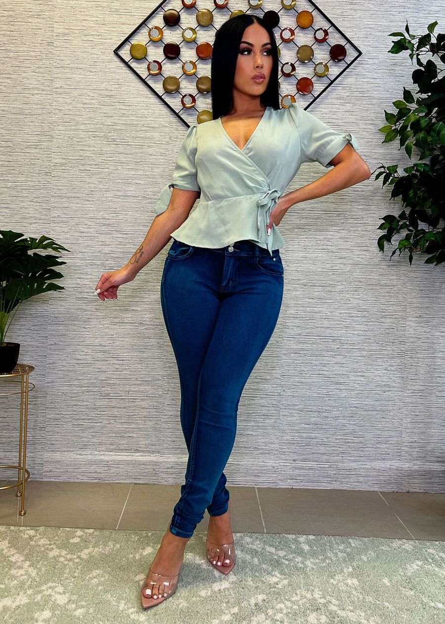 Short Sleeve Self Tie Peplum Blouse Sage sold by Moda product image thumbnail 2