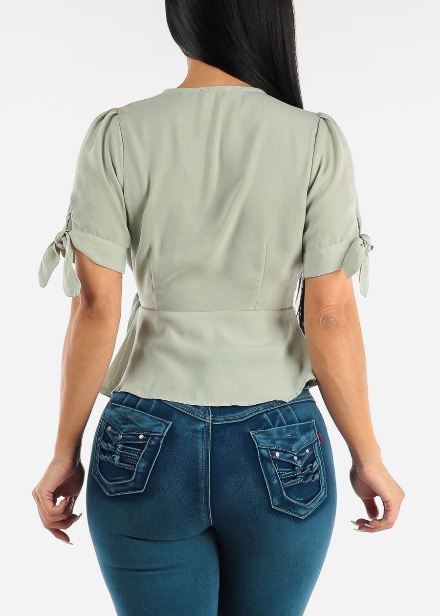 Short Sleeve Self Tie Peplum Blouse Sage sold by Moda product image thumbnail 6