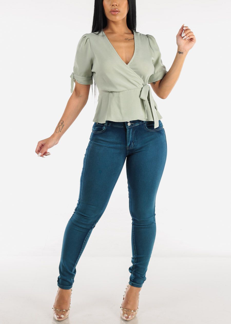 Short Sleeve Self Tie Peplum Blouse Sage sold by Moda product image thumbnail 3