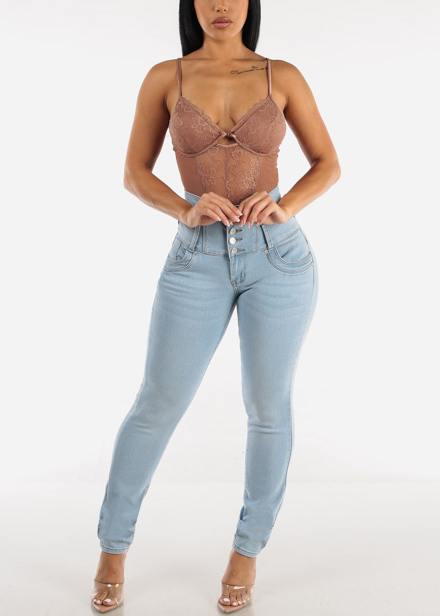 Sleeveless Stripe Mesh & Lace Khaki Thong Bodysuit sold by Moda product image thumbnail 5