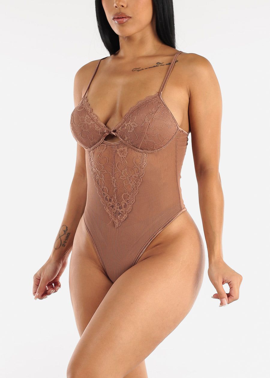 Sleeveless Stripe Mesh & Lace Khaki Thong Bodysuit sold by Moda product image thumbnail 2
