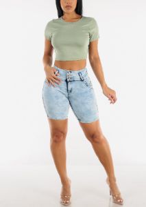 Light Acid Wash Mid Thigh Butt Lifting Denim Shorts sold by Moda