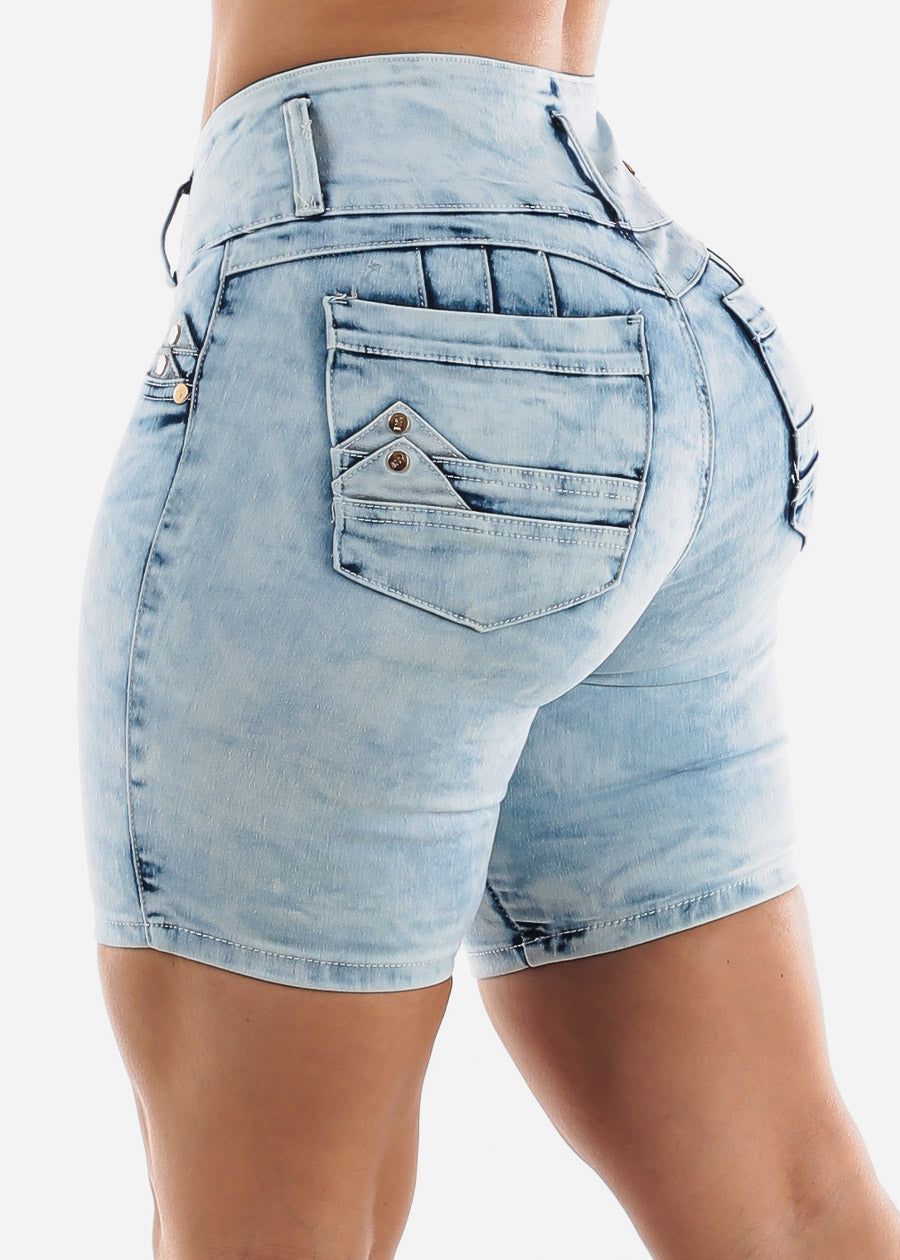Light Acid Wash Mid Thigh Butt Lifting Denim Shorts sold by Moda