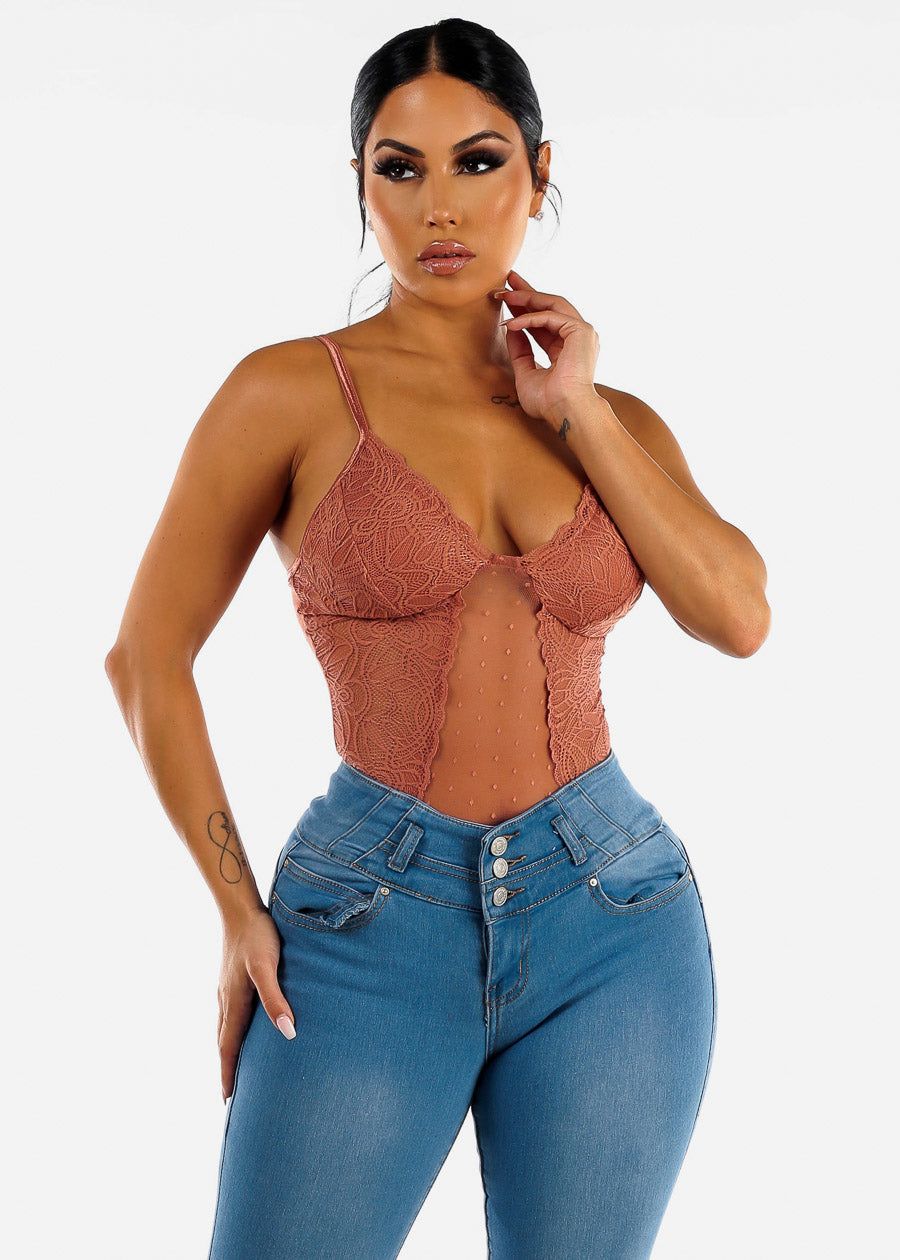 Sleeveless Lace Thong Bodysuit Rust sold by Moda