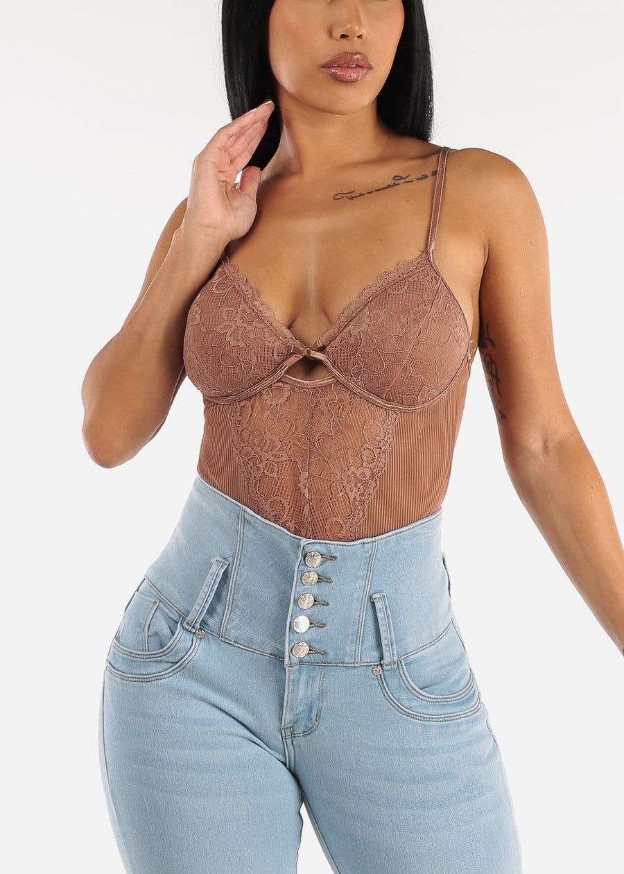 Sleeveless Stripe Mesh & Lace Khaki Thong Bodysuit sold by Moda