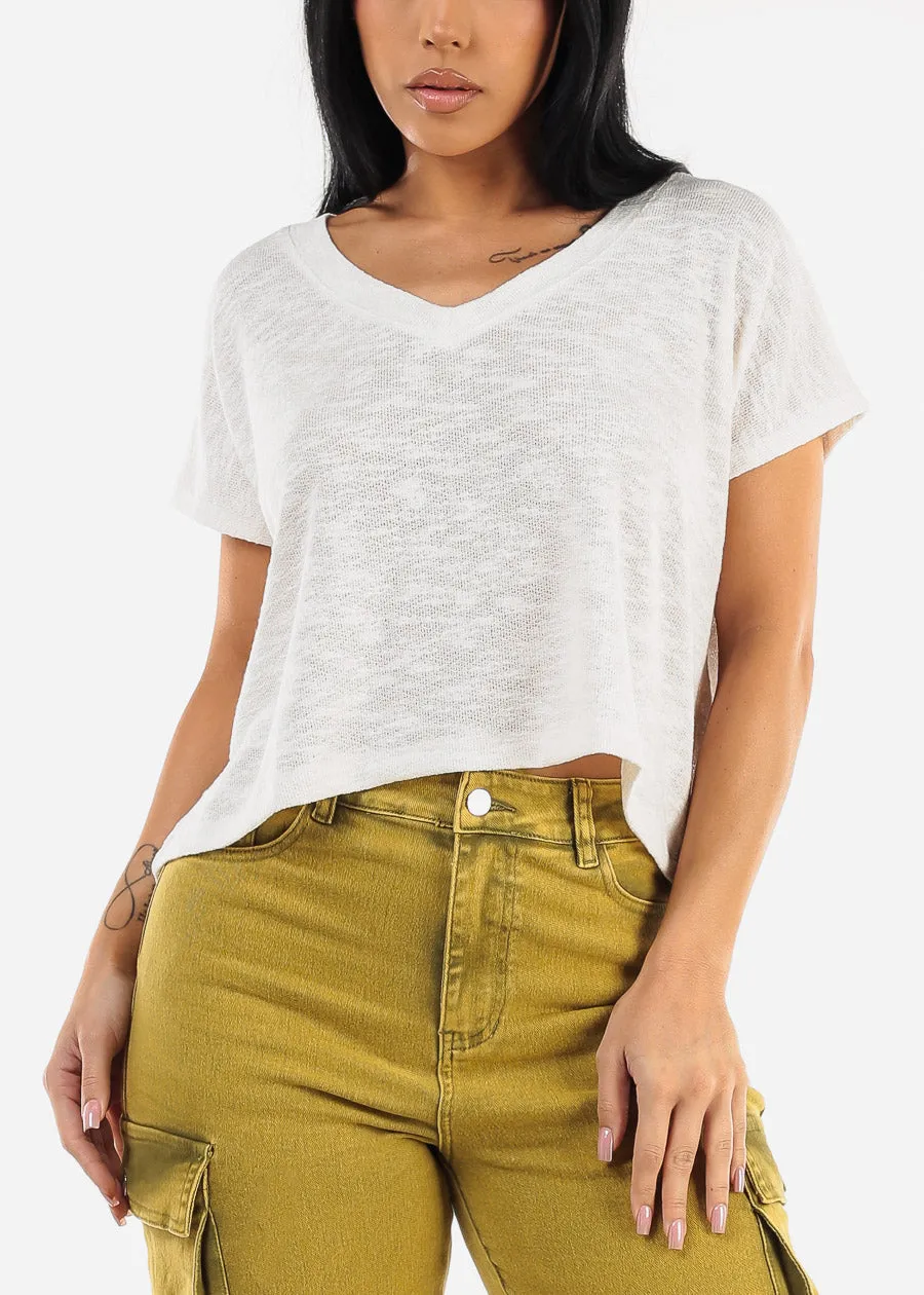 White Vneck Short Sleeve Knit Crop Top sold by Moda