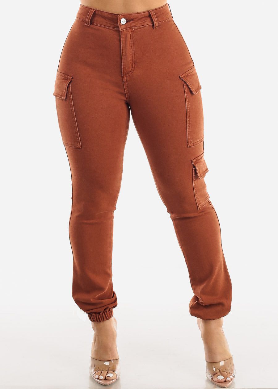 High Waisted Stretch Cargo Jogger Jeans Brown sold by Moda