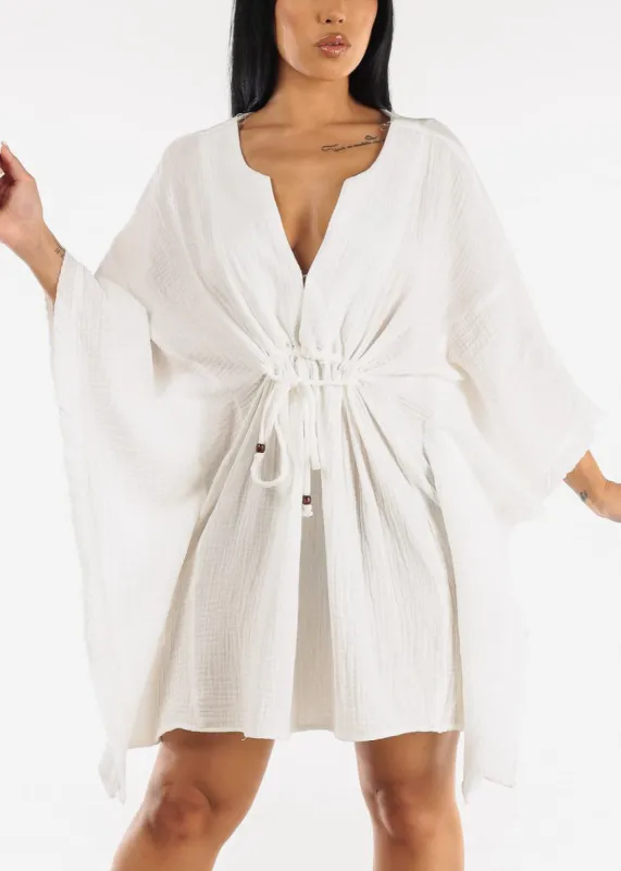 White Cotton Cover Up Kimono w Drawstring Waist sold by Moda