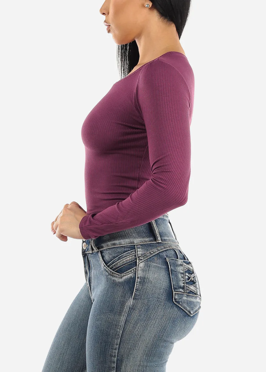Long Sleeve Crewneck Ribbed Crop Top Purple sold by Moda product image thumbnail 3