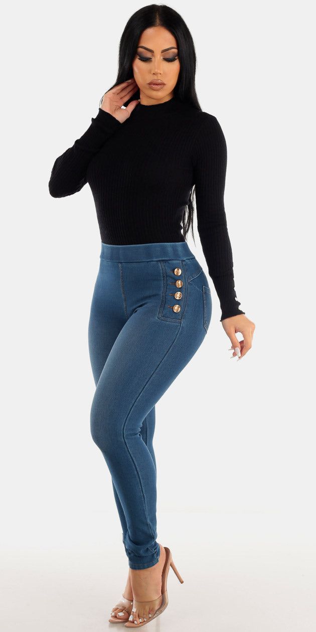 Blue Butt Lifting Denim Jeggings with Black Long Sleeve Rib Knit Sweater sold by Moda