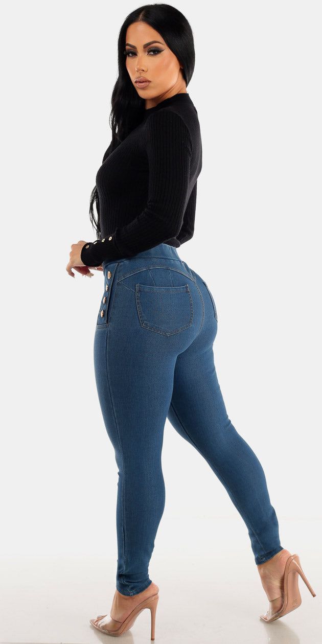 Blue Butt Lifting Denim Jeggings with Black Long Sleeve Rib Knit Sweater sold by Moda product image thumbnail 2