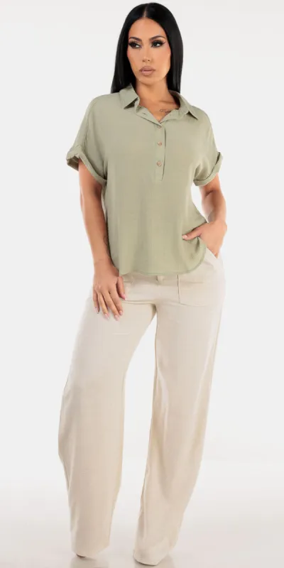 Olive Linen Wide Leg Pants Look sold by Moda