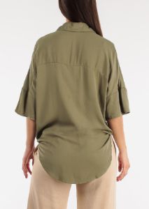 Short Sleeve Tie Front Button Up Tunic Shirt Olive sold by Moda