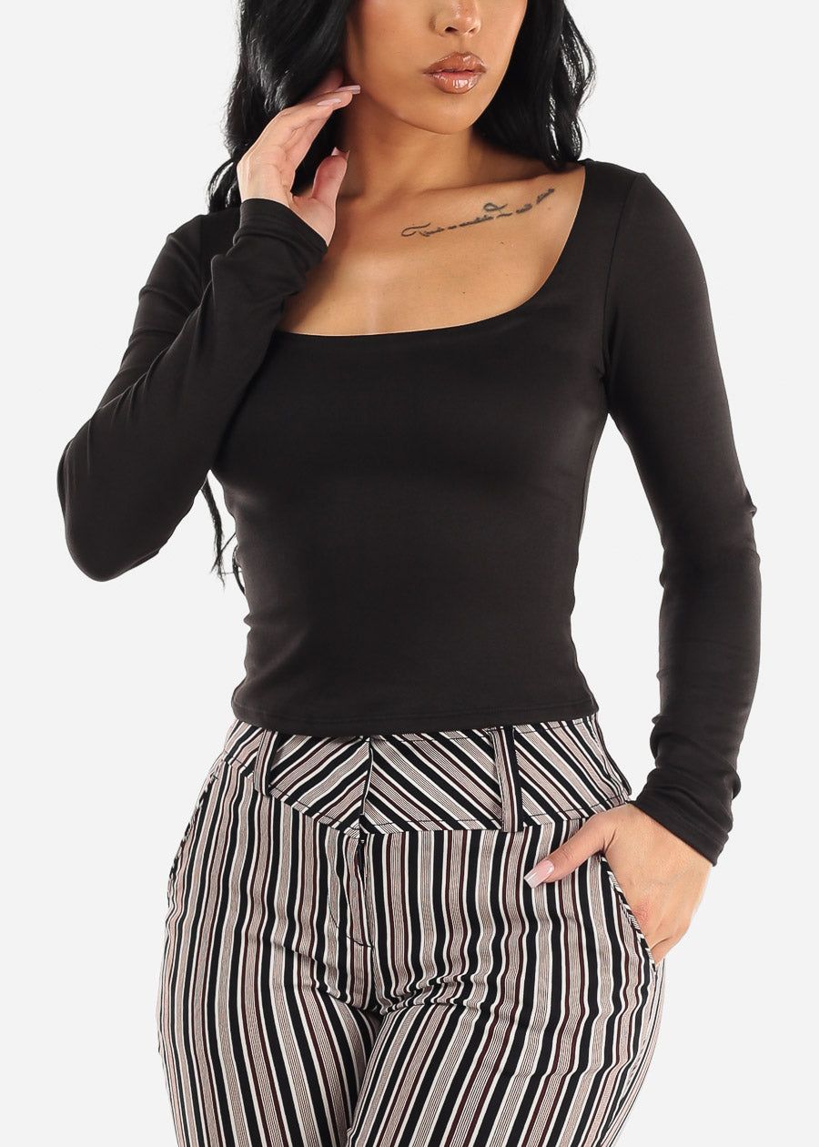 Long Sleeve Scoop Neck Black Fitted Top sold by Moda