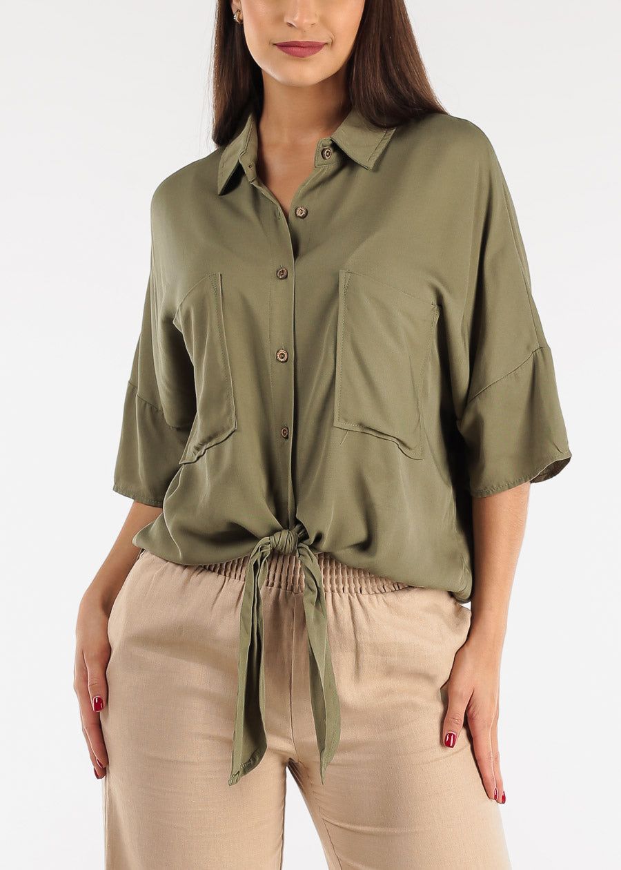 Short Sleeve Tie Front Button Up Tunic Shirt Olive sold by Moda